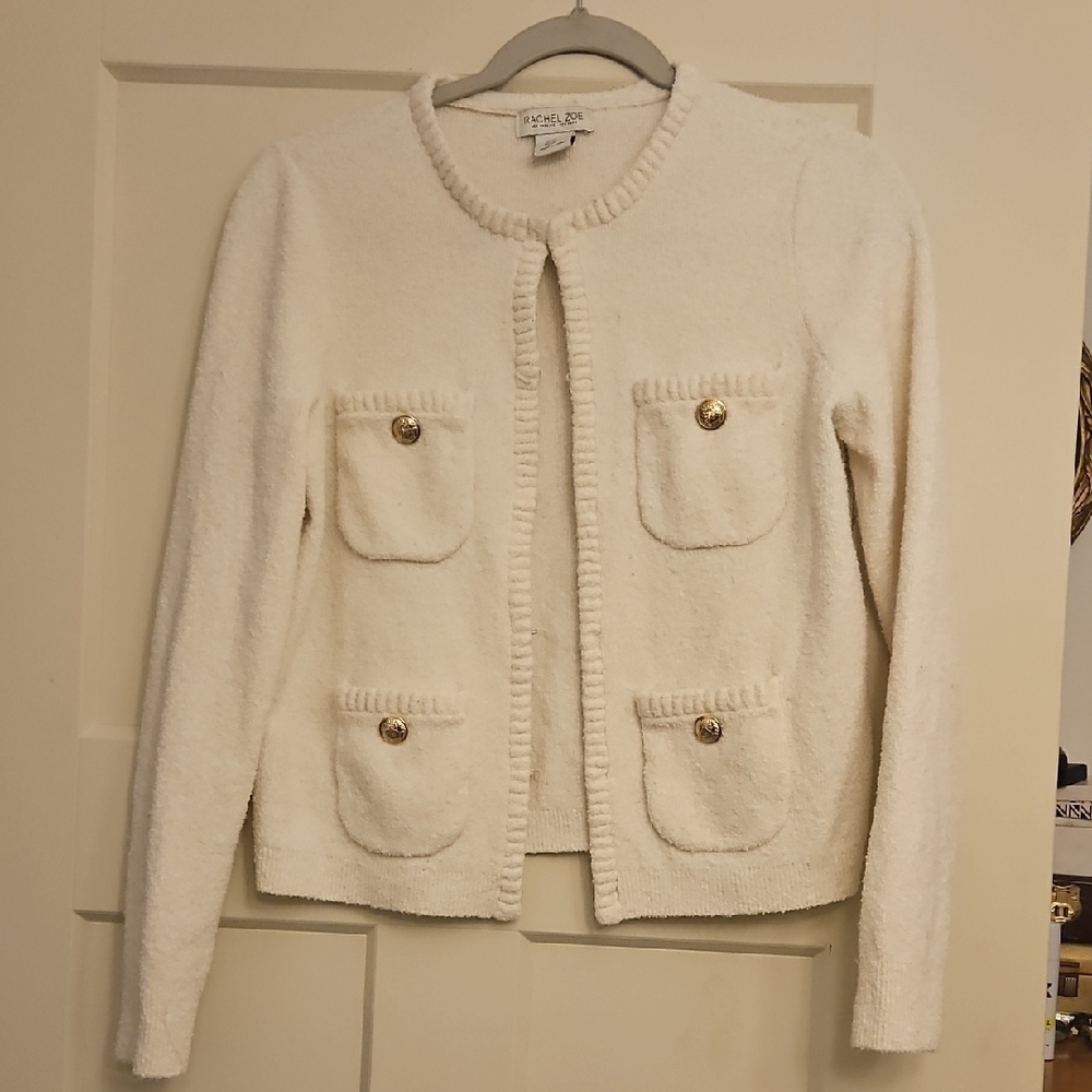 Rachel Zoe Cream Knit Cardigan with Gold Accents